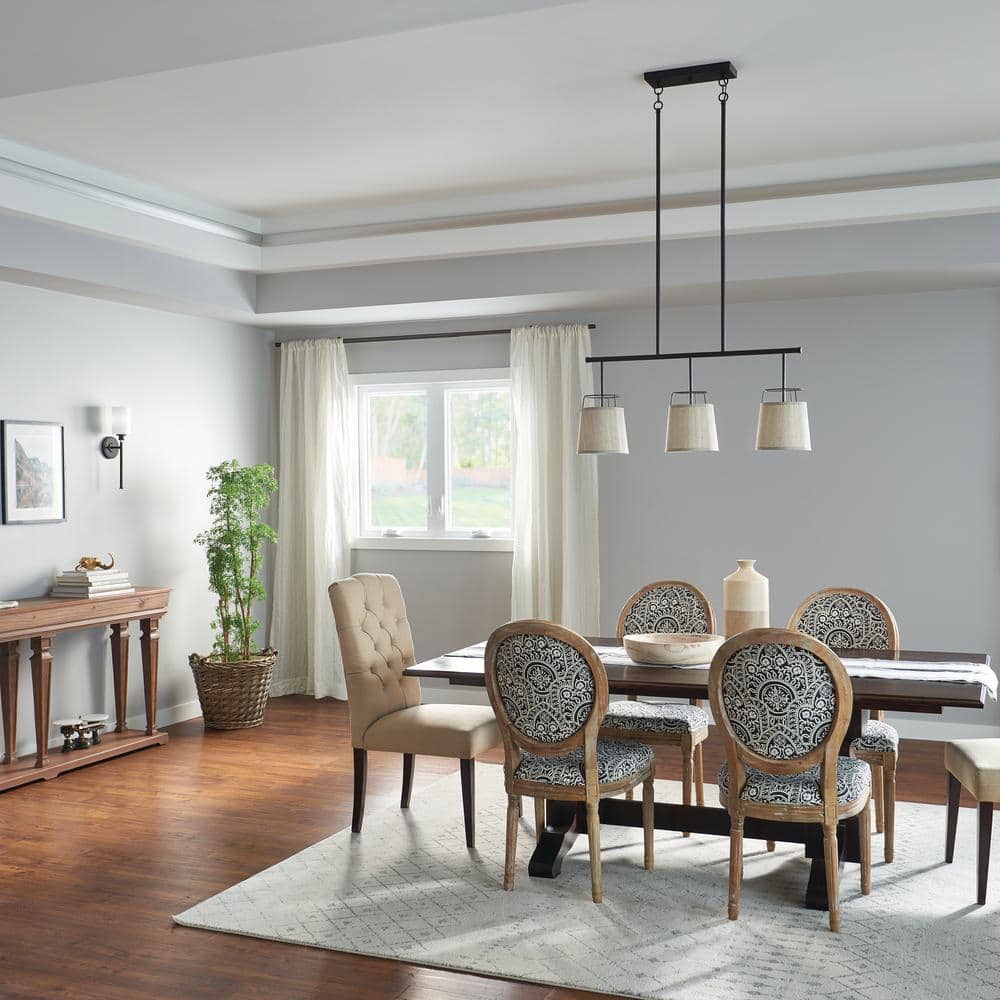 Marika Distressed Bronze 16" Modern Linear Chandelier with Grey Linen Shades