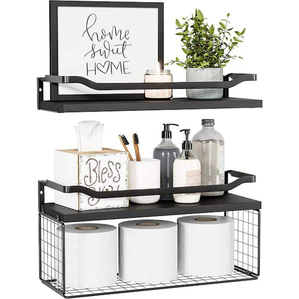 Cubilan 15.7 in. W x 6 in. D Black Wood Decorative Wall Shelf, Floating Shelves with Wire Storage Basket