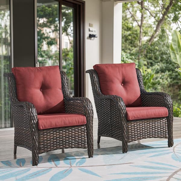 Opohoro Brown Wicker Outdoor Lounge Chair, Patio Wicker Chairs with Red Cushions and High Back and Curved Armrest (2-Pack)