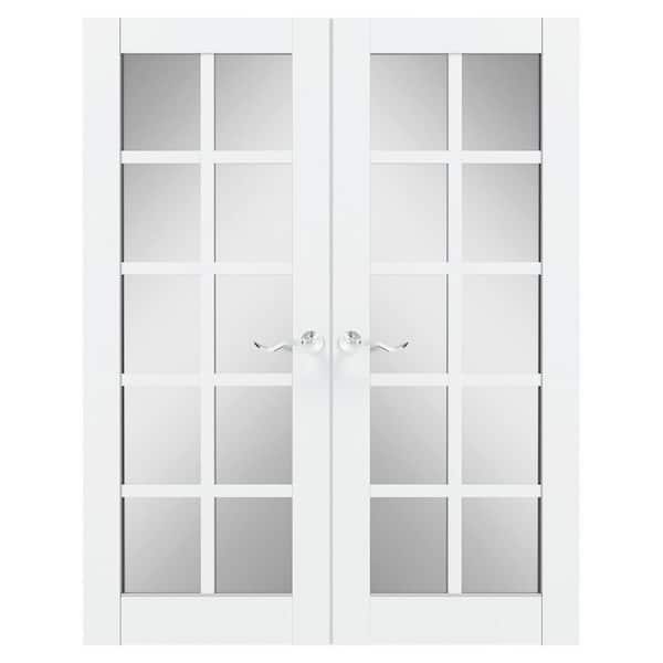 TENONER 64 in. x 80 in. Composite, MDF, 10 Lite, Mirrored Glass, Primed, White Interior Door Slab With Silver Curved Doorknob