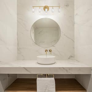 Star Dust 24.25 in. 5-Light Brushed Gold Vanity Light with Natural Marble Accents for Bathrooms