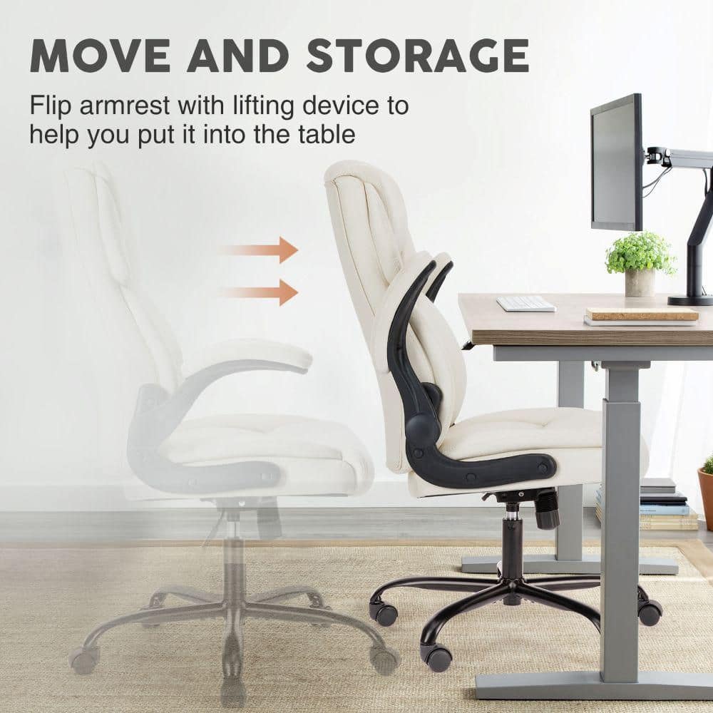 Task Chairs PU Leather with Adjustable Backrest and Rocking, Ergonomic Swivel Office Chair in White with Flip-up Armrest