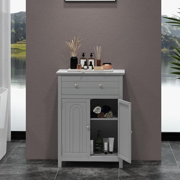 kleankin Bathroom Storage Cabinet, Small Floor Cabinet with Open Compartments and Drawer for Living Room and Playroom, Grey