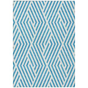 Teal and White 8 ft. x 10 ft. Woven Geometric Rectangle Indoor/Outdoor Area Rug