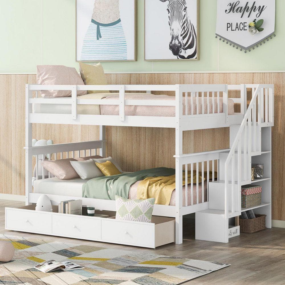 Nestfair White Full-Over-Full Bunk Bed with Drawer, Storage and Guard ...