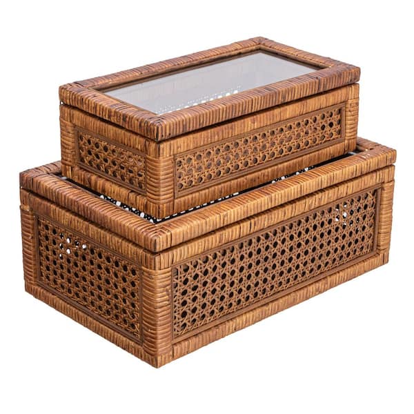 Dark Brown 9.5 in. x 5.1 in. Wicker Decorative Box Set of 2