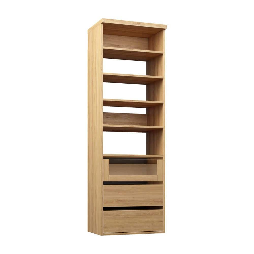 19.5 in. W Natural Oak Wall Mount Tower Unit with 4 Shelves and 3 Reveal Drawers Wood Closet System