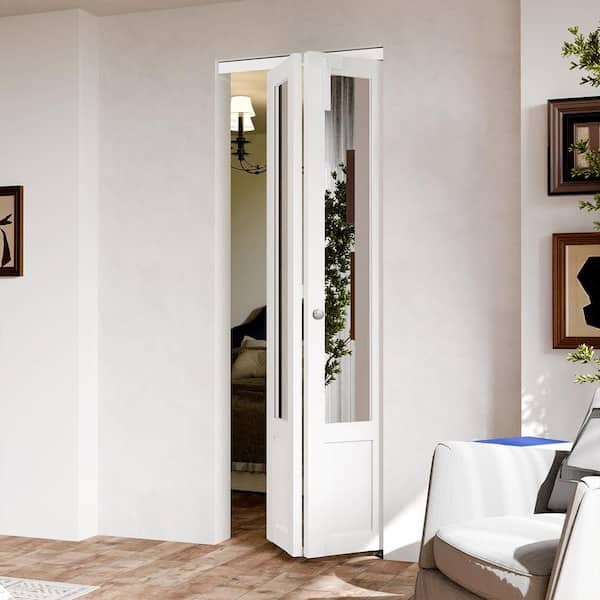 30 in. x 80 in. Half Lite Mirrored Glass Solid Core White PVC Covering MDF Bi-fold Door with Locks and Handles