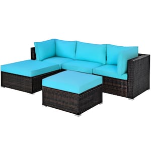 5-Piece Wicker Outdoor Sectional Set Patio Conversation Sofa Set with Turquoise Cushions