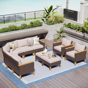 Brown Rattan Wicker 10-Seat 10-Piece Steel Outdoor Patio Conversation Set with Beige Cushions