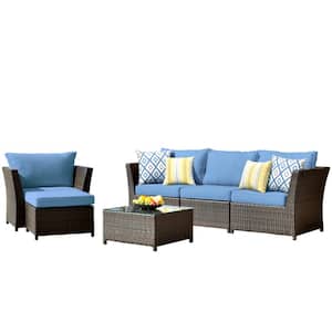 Rimaru 6-Piece Wicker Outdoor Patio Conversation Seating Set with Denim Blue Cushions