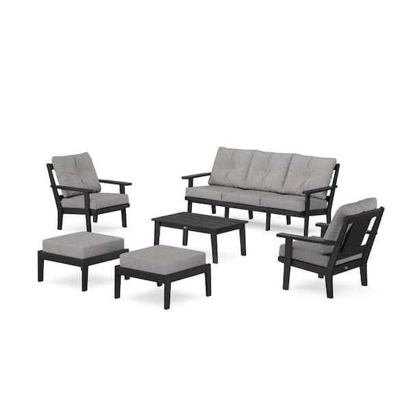 POLYWOOD Prairie 6-Pcs Plastic Lounge Sofa Set in Black/Grey Mist Cushions
