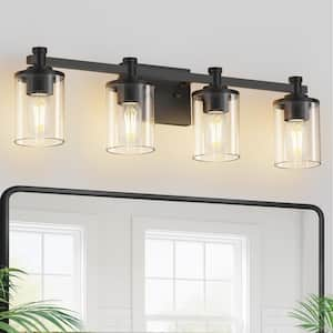 28 in. 4 Light Matte Black Industrial Modern Cylinder Vanity Light for Bathroom with Clear Glass Shades