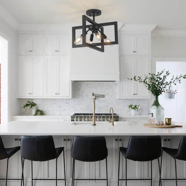 14.5 in. 4-Light Geometric Black Modern Semi-Flush Mount Ceiling Light with No Bulbs Included