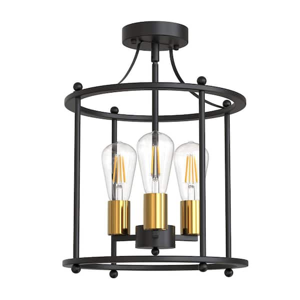14.8 In. 3-Light Semi-Flush Mount Ceiling Light Fixture, Matte Black and Gold Finish, E26 Base, Bulbs Not Included
