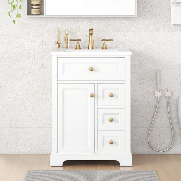 24 in. Freestanding White Solid Wood Frame Bath Vanity with White Ceramic Top, Soft-Close Door and Drawers