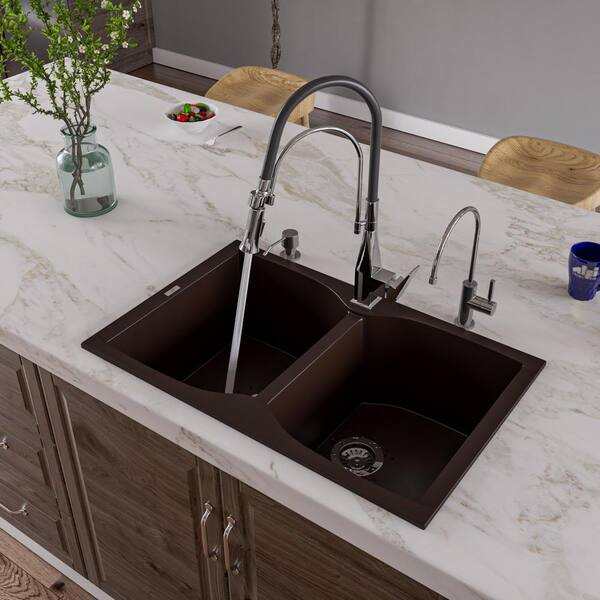 Glacier Bay Drop-in/Undermount Granite Composite 33 in. 1-Hole 50/50 Double Bowl Kitchen Sink with Low Divide White