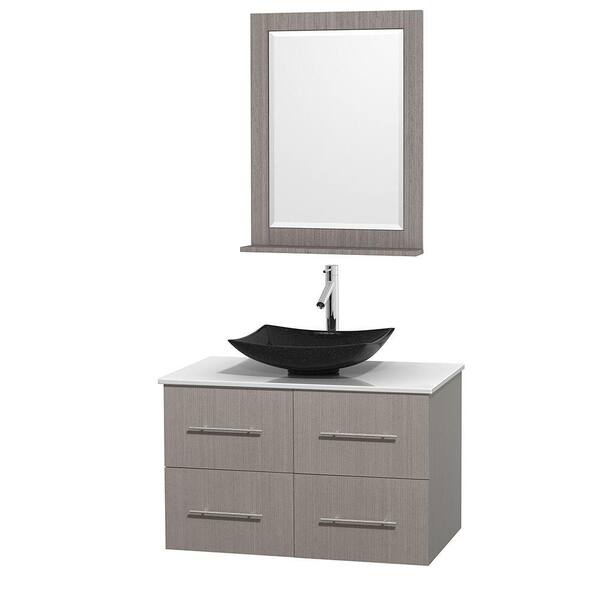 Wyndham Collection Centra 36 in. Vanity in Gray Oak with Solid-Surface Vanity Top in White, Black Granite Sink and 24 in. Mirror