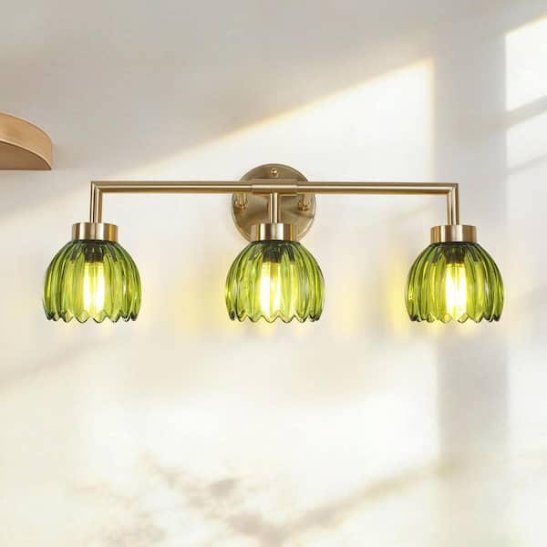 24.02 in. 3-Light Brass Vintage Vanity Lights with Green Tulip Glass Shade Wall Sconce for Living Room Hallway