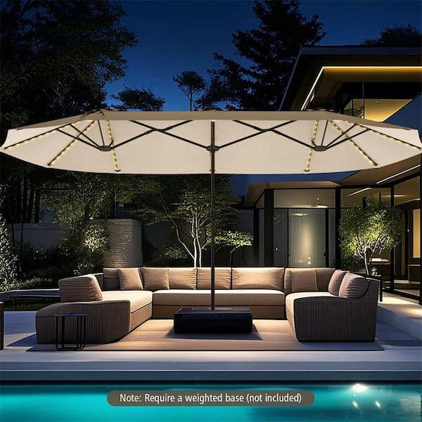 15.5 ft. Metal Market Solar Extra-Large Patio Umbrella with LED Solar Lights & 12 Heavy-Duty Ribs in Beige