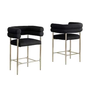 Zuria 24 in. Black Low Back Wood Frame Counter Stool With Gold Chrome Iron Legs Teddy Fur Upholstery Set of 2