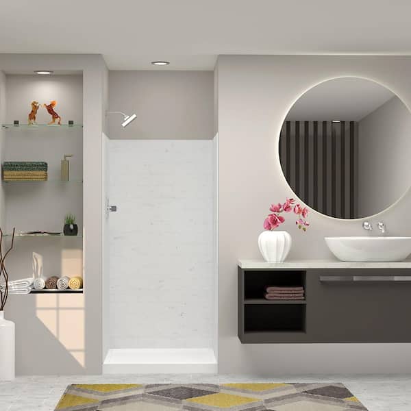 SaraMar 36 in. x 36 in. x 72 in. 3-Piece Easy Up Adhesive Alcove Shower Wall Surround in White Venito