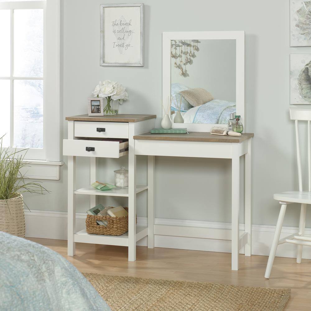 Soft White and Lintel Oak Bedroom Vanity with Mirror