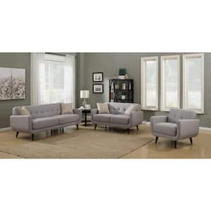 Crystal Upholstered Mid-Century 3-Piece Gray Living Room Set with 4-Accent Pillows