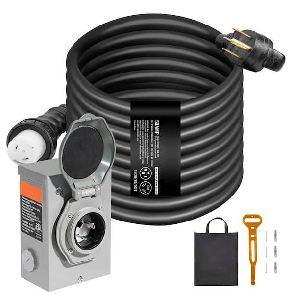 50 FT., 50 Amp 125 Volt NEMA 14-50P/SS2-50R, Twist Lock Connector Pre-Drilled Inlet Box 6/3+8/1 Generator Extension Cord