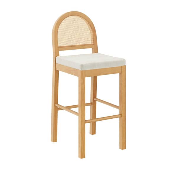 Bailey 29 in. Upholstered Boucle Rattan and Wood Bar Height Bar Stool w/ Woven Back, Cream Boucle/Warm Pine