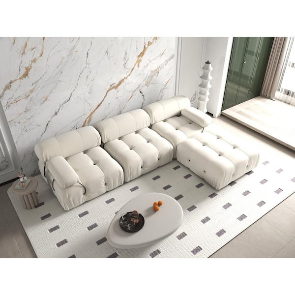 103.95 in. W Square Arm Velvet L Shaped Modular Free Combination Sofa with Ottoman in Beige