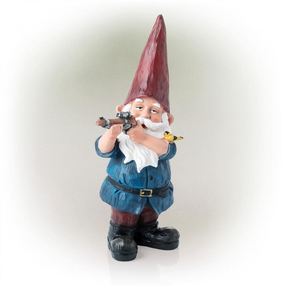 Alpine Corporation 12 in. Tall Outdoor Hunting Garden Gnome with Blue Shirt  Yard Statue, Multicolor GDS126 - The Home Depot