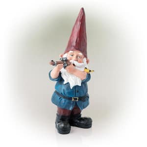 12 in. Tall Outdoor Hunting Garden Gnome with Blue Shirt Yard Statue, Multicolor