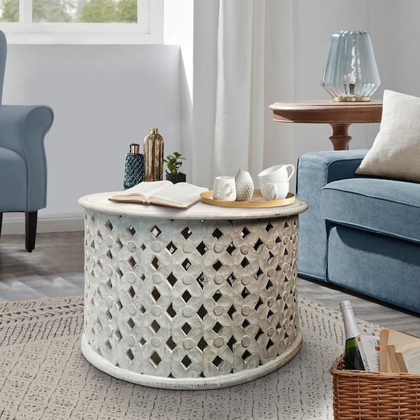 Cato 28 in. Washed White Round Mango Wood Artisanal Coffee Table with Intricate Diamond Lattice Cut Out Frame
