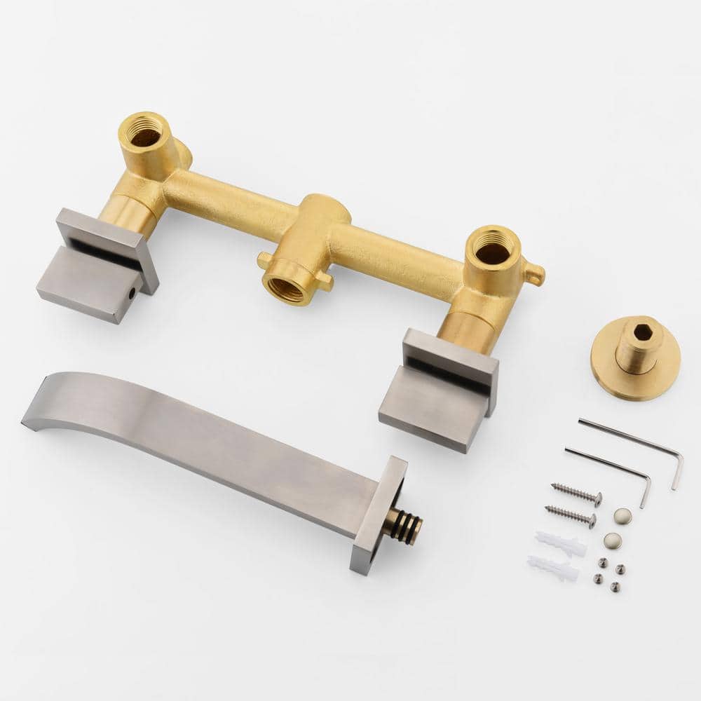Brushed Nickel Wall Mount Double Handle Bathroom Faucet