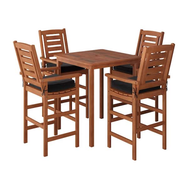 CorLiving Miramar Brown 5-Piece Wood Bar Height Outdoor Bistro Set with Black Cushions