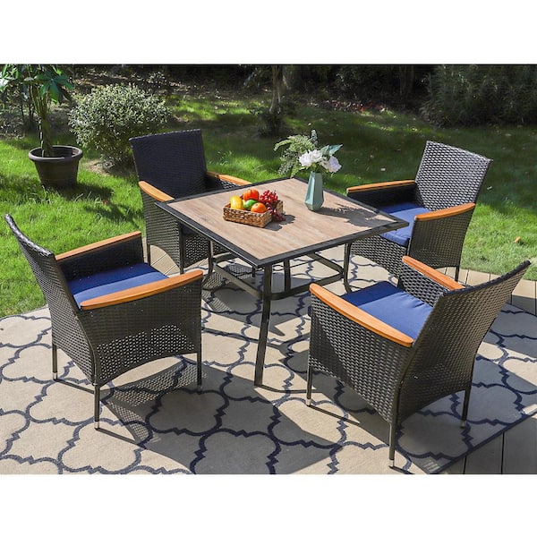 PHI VILLA Black 5 Piece Metal Patio Outdoor Dining Set with Wood