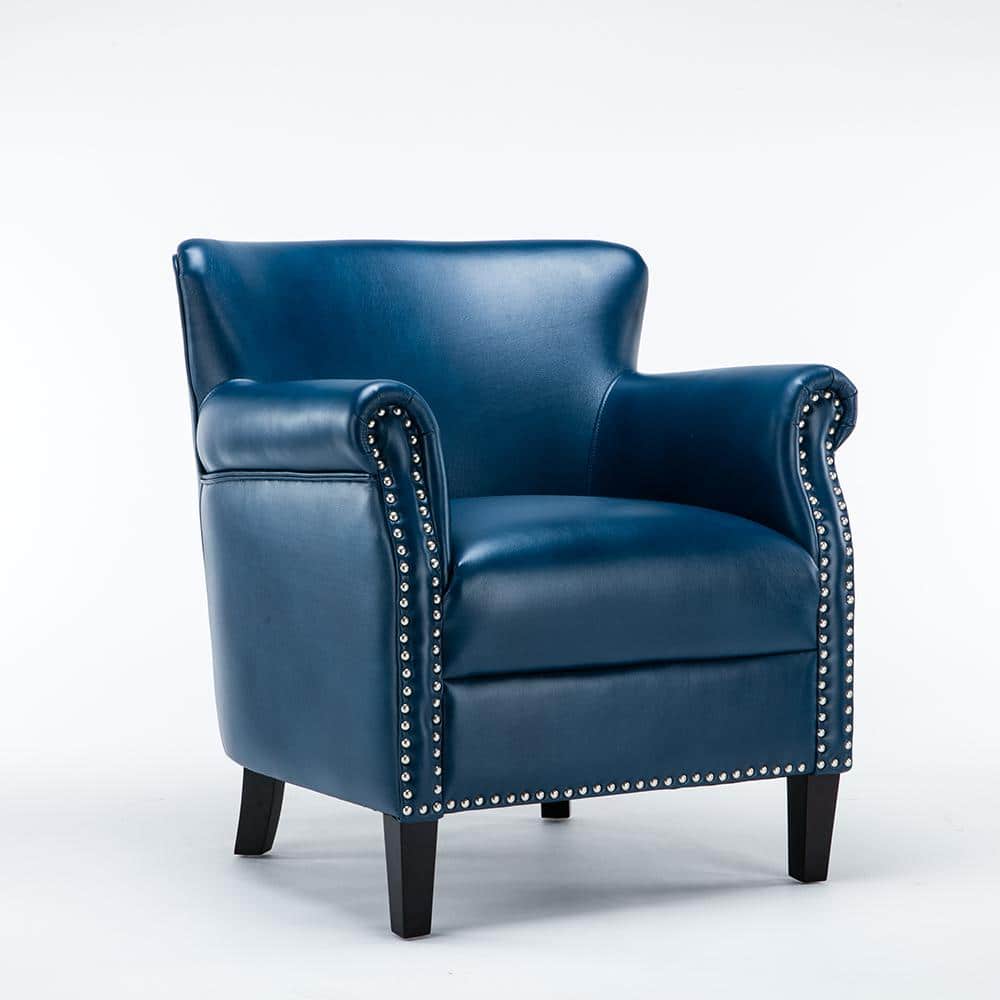 Navy Blue Leather Accent Chair with Wood Legs
