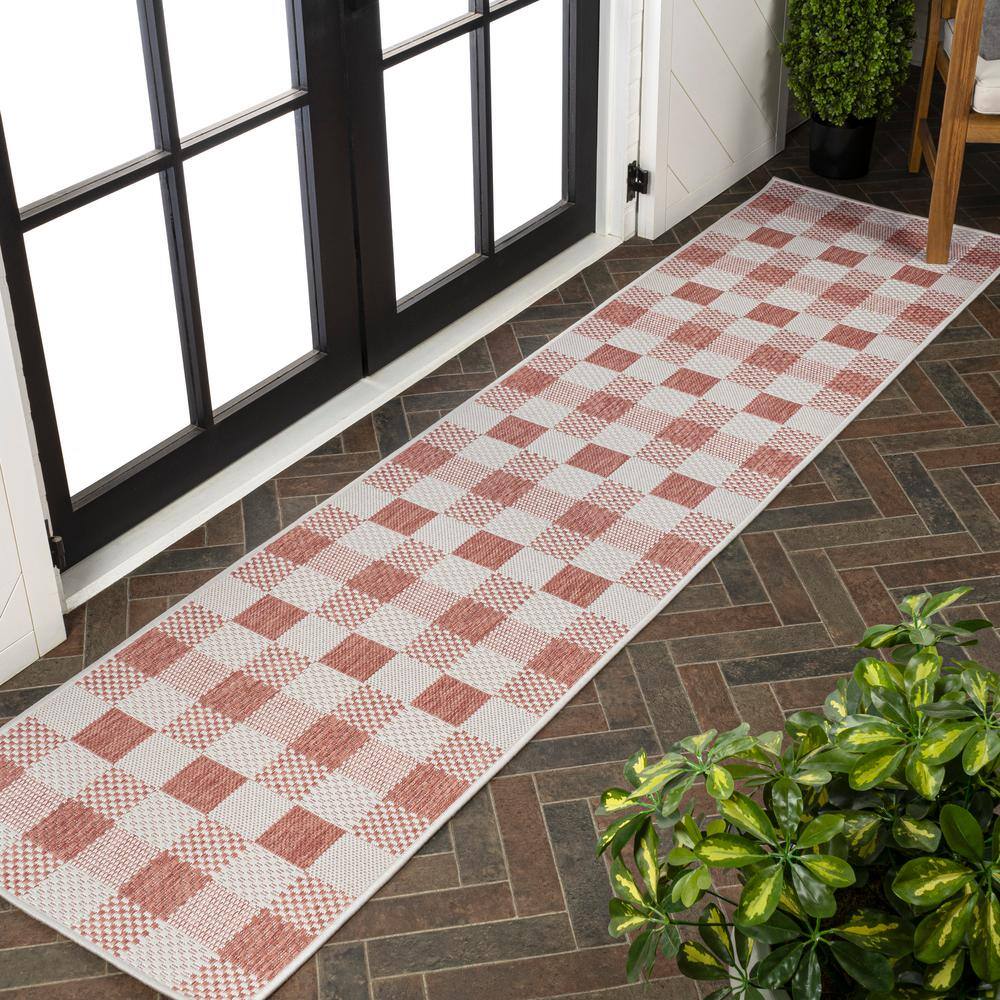 Darcy Salmon and Cream Geometric Gingham 2 x 8 Runner Rug