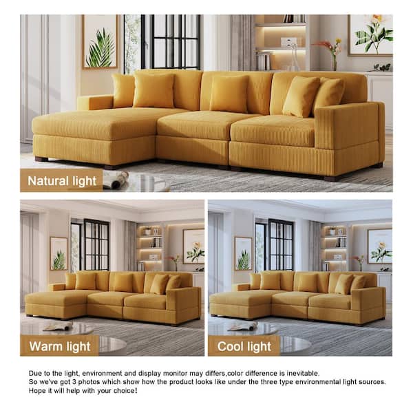 Uixe 118 in. Square Arm 3-Piece Corduroy Upholstered L