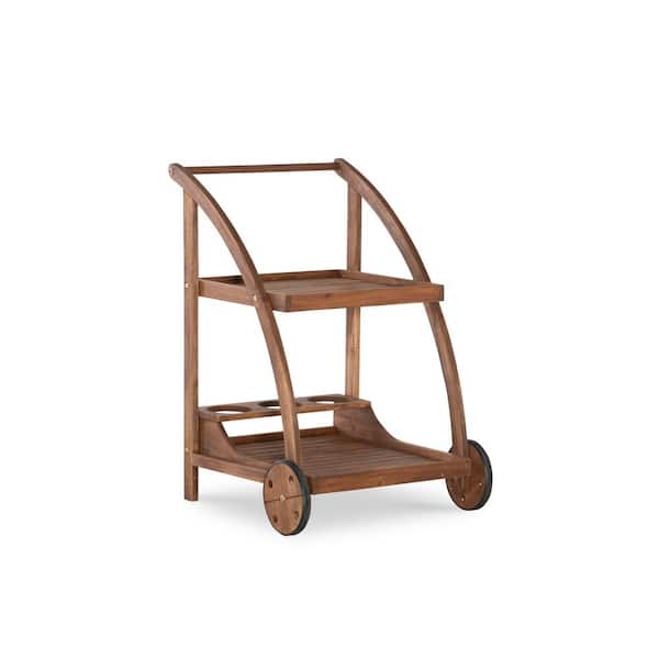 Linon Home Decor Caitlyn Trolley Wood Outdoor Serving Bar Cart with Wheels