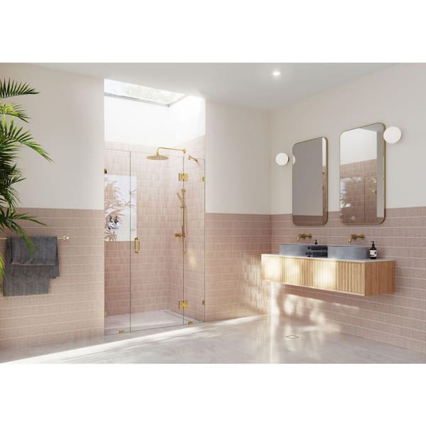 Glass Warehouse Stellar 52.5 in. W x 78 in. H Glass Hinged Pivot Frameless 3-Panel Inline Shower Door in Polished Brass