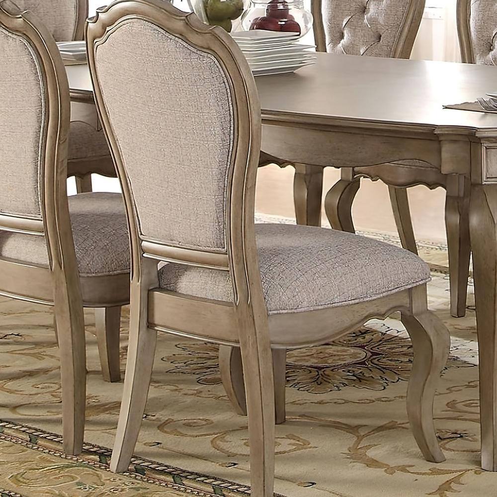 Antique Taupe Upholstered Side Chair with Beige Fabric, Set of 2