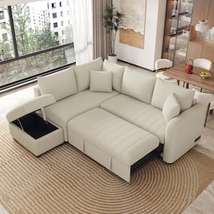 82.6 in. W Beige Polyester Full Size L-shaped Sectional Reversible Pull Out Sofa Bed with Two USB Ports