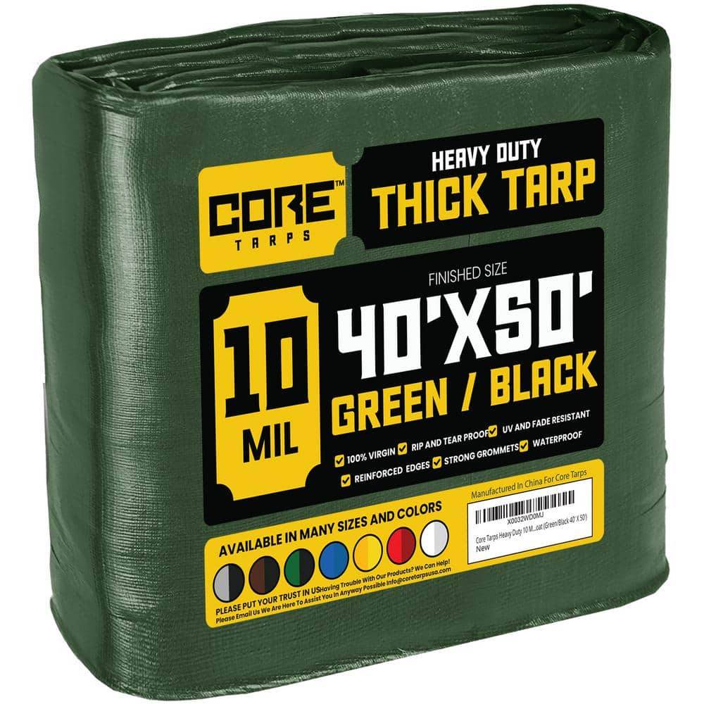 CORE TARPS 40 ft. x 50 ft. Green/Black 10 Mil Heavy Duty Polyethylene Tarp,  Waterproof, UV Resistant, Rip and Tear Proof CT-603-40x50 - The Home Depot