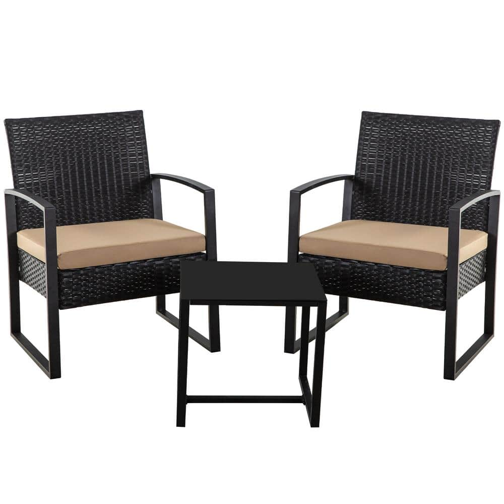 LAUREL CANYON Black Rattan 3 Piece Patio Set Chairs Bistro Set Rattan ...