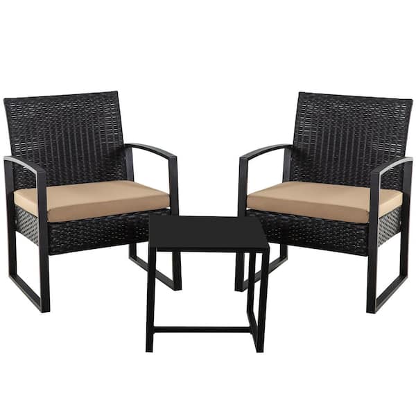 LAUREL CANYON Black Rattan 3 Piece Patio Set Chairs Bistro Set Rattan Conversation Set, With Brown Cushion