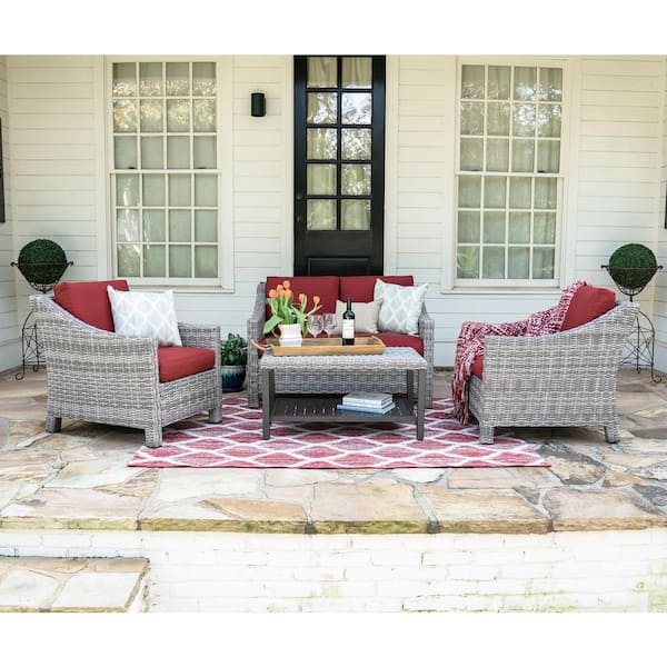 Leisure Made Marietta 4-Piece Wicker Patio Conversation Set with Red Cushions
