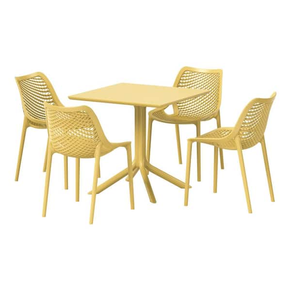 Frond&Form Yellow Plastic All Weather 5-Piece Square Table Modern Outdoor Patio Dining Set w/ 4 Stackable Chairs