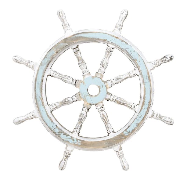 24 in. x 24 in. Wood Blue Distressed Ship Wheel Sail Boat Wall Decor with White Accents